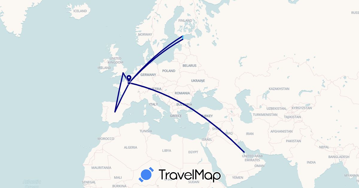 TravelMap itinerary: driving, boat in Bahrain, Estonia, Spain, Finland, France, United Kingdom, Turkey (Asia, Europe)
